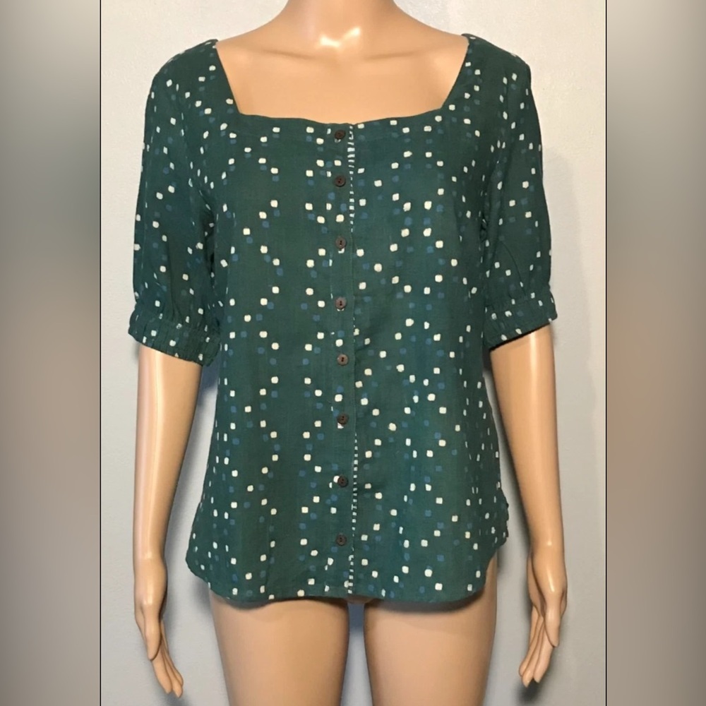 NWT Fabindia Women's Blouse SizeM Button Up Short Sleeve 100% Cotton Square Neck